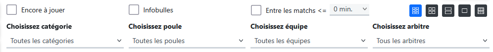 Panneau de filtres et sélection des feuilles de match dans le logiciel de tournoi