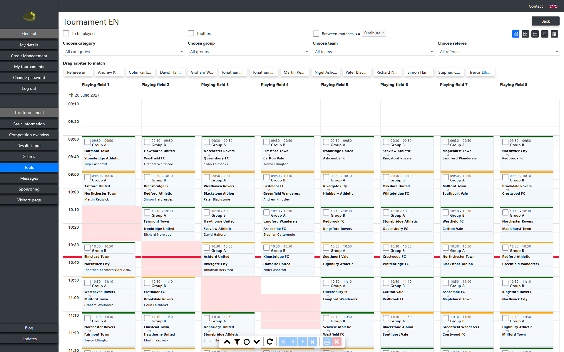 tournamentwebapp.com match planning with multiple fields and referees