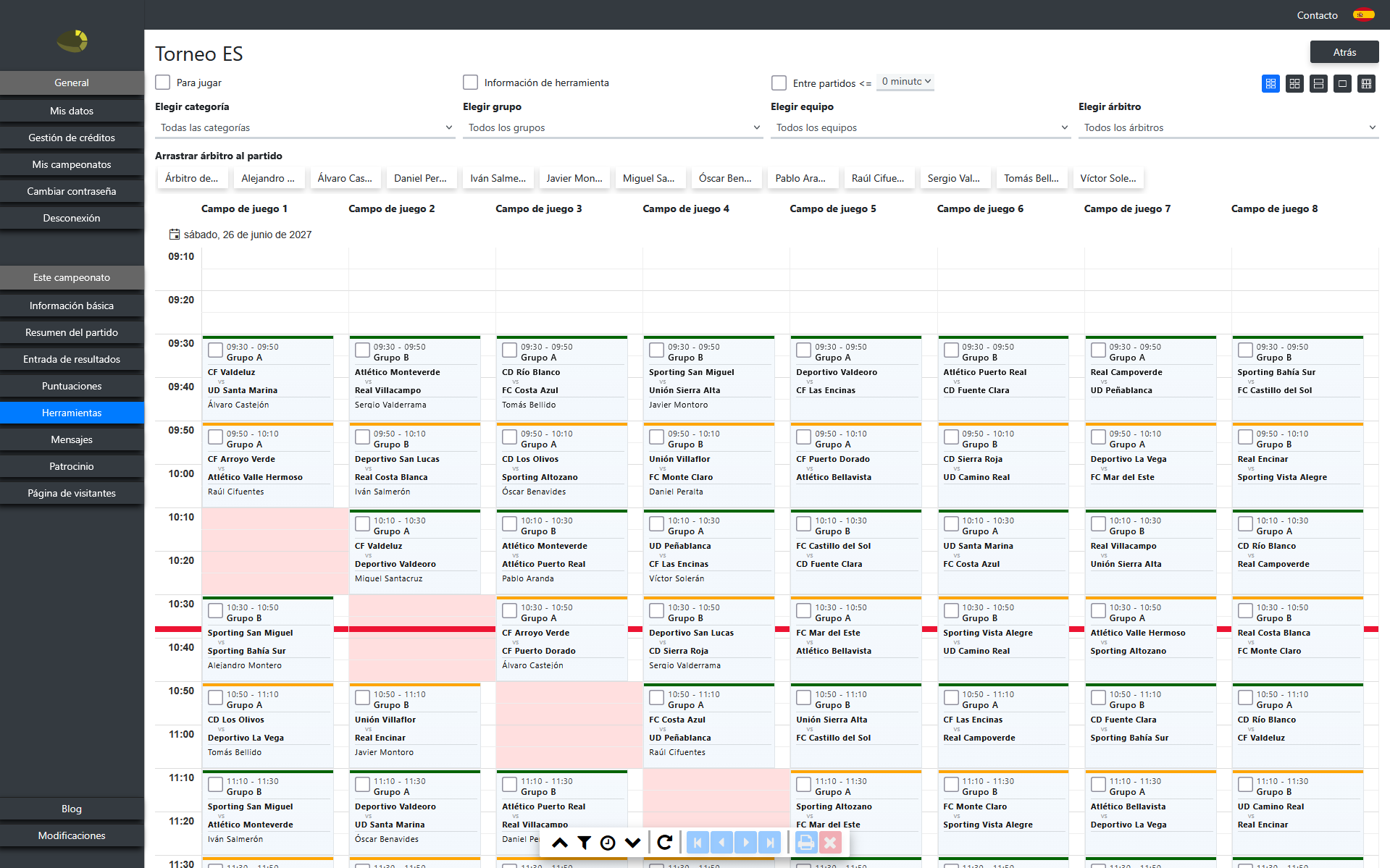 tournamentwebapp.com planificación de partidos con múltiples campos y árbitros