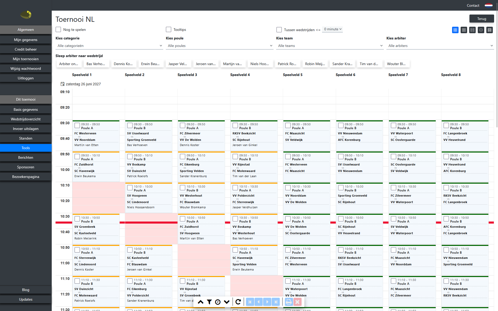 tournamentwebapp.com wedstrijdplanning met meerdere speelvelden en scheidsrechters